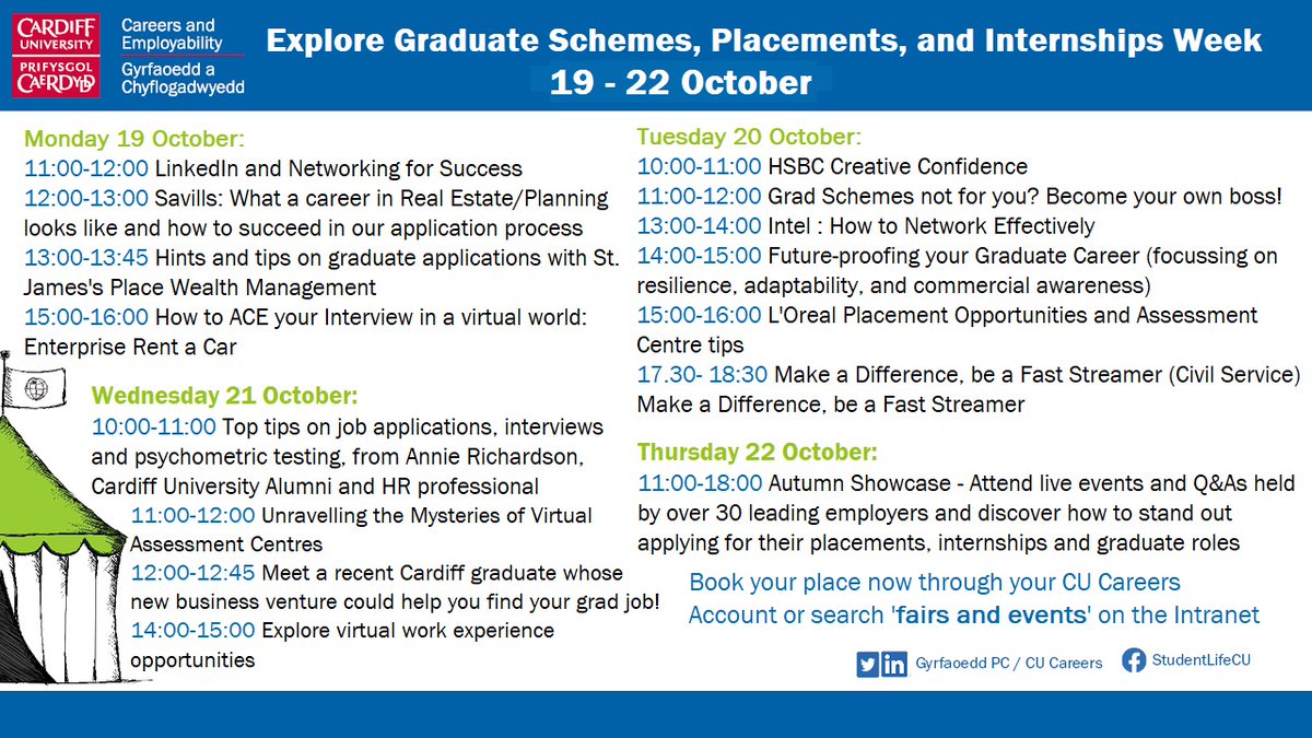 iamcardiffuni's tweet photo. Join us this week for @CardiffCareers Explore Graduate Schemes, Placements, and Internships Week 19-22 October! We will be keeping you up to date on all things careers!
Book your place on your Careers Account now! 
https://t.co/UFnSSovlaH 
#Careers #AutumnShowcaseCU https://t.co/Uj9ac3N0hl