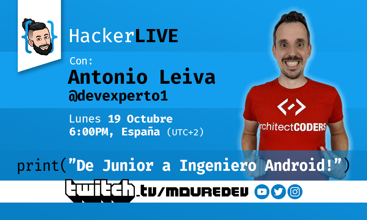 MoureDev's tweet image. ¿Listo para conocer las claves que te convertirán en un ingeniero #Android?
Hoy LUNES 19 nos visitará Antonio Leiva (@devexperto1), GDE y formador Kotlin certificado por JetBrains
¿Te apuntas?
🟣 twitch.tv/mouredev
🇪🇸 18:00
🇦🇷 🇨🇱 13:00
🇧🇴 🇻🇪 🇩🇴 12:00
🇲🇽 🇵🇪 🇨🇴 🇪🇨 11:00