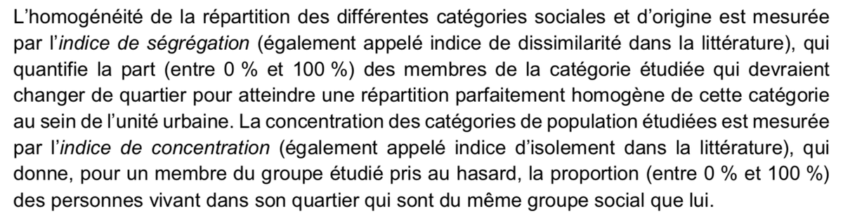 Pour voir pourquoi, il faut introduire une autre mesure, à savoir l'indice de dissimilarité. Cet indice mesure la proportion des membres d'un groupe qui devraient changer de quartier pour que les membres de ce groupe soient répartis de façon homogène sur le territoire.