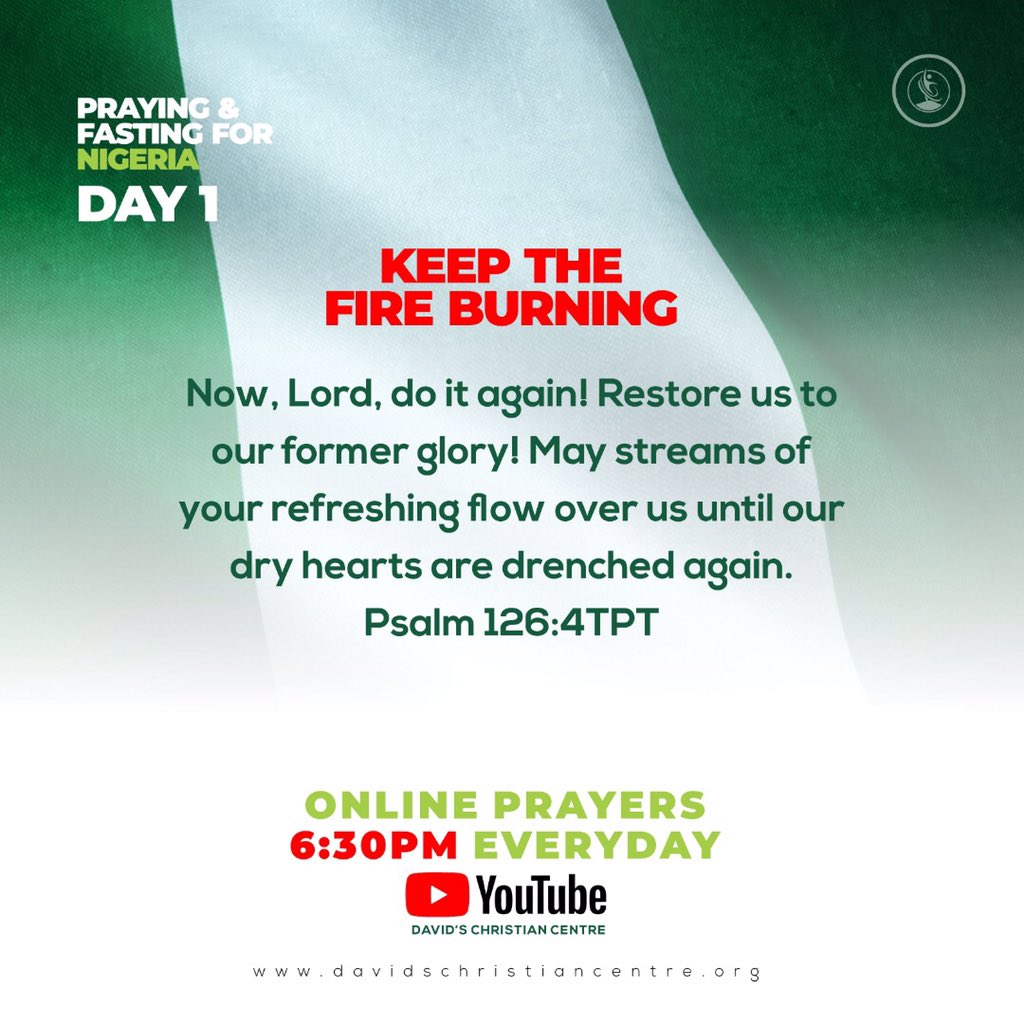 dcclagos's tweet photo. Join us in fasting &amp; praying for #Nigeria from today to the 24th of October. 

As we protest, post &amp; provide, we must also pray because God alone can help us. 

#DavidsChristianCentre
#PrayingForNigeria https://t.co/6Th6Ln6Ntn