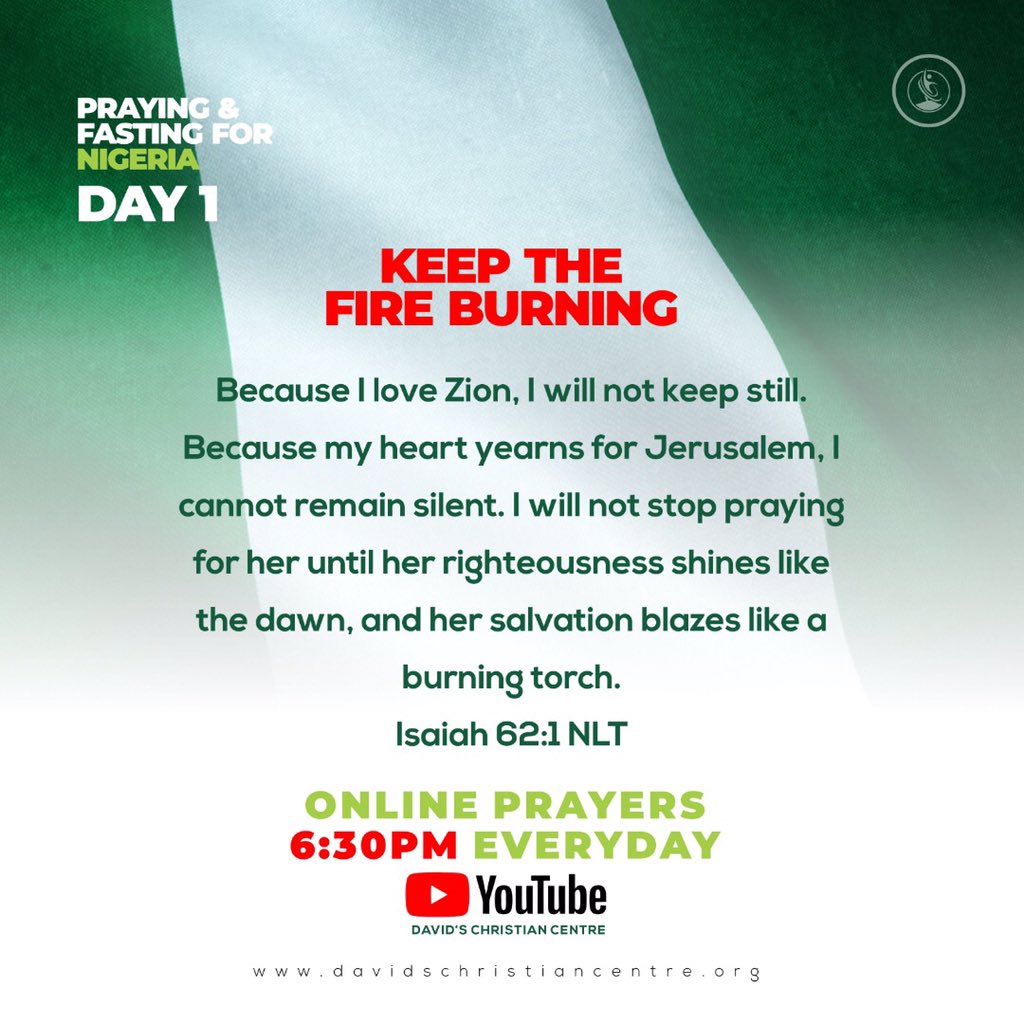 dcclagos's tweet photo. Join us in fasting &amp; praying for #Nigeria from today to the 24th of October. 

As we protest, post &amp; provide, we must also pray because God alone can help us. 

#DavidsChristianCentre
#PrayingForNigeria https://t.co/6Th6Ln6Ntn