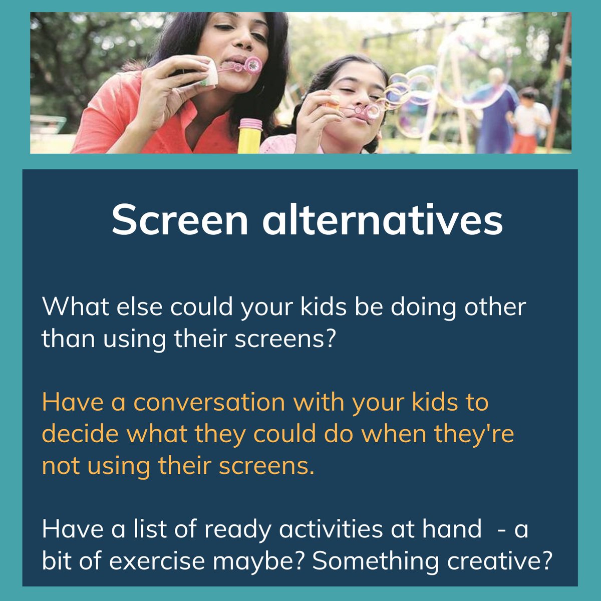KHDA's tweet image. 5 strategies to help you manage your children's screentime. See our friends at @RCN_AUS for more info: raisingchildren.net.au/preschoolers/p…
What's worked for you? Reply below 👇