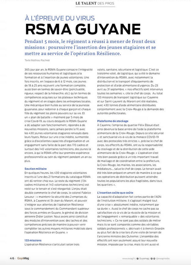 RSMA_Gy's tweet photo. #OnParleDeNous dans #GuyaMag @ewagmedia.
Le @RSMA_Gy fut un des acteurs majeurs de l'aide à la populat° durant la crise sanitaire #COVID19 aux côtés des services de l'État. (Re)Découvrez l'implicat° des cadres et volontaires à l'heure où le régiment renoue avec sa mission 1⃣ère ! https://t.co/yUkzdcsqWJ
