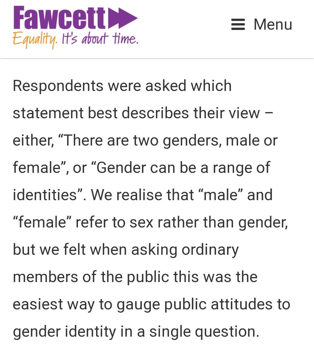 But they had made the mistake of conflating sex and gender when they surveyed the public (Why?? Perhaps they first consulted their ally organisations and let them set the terms?)