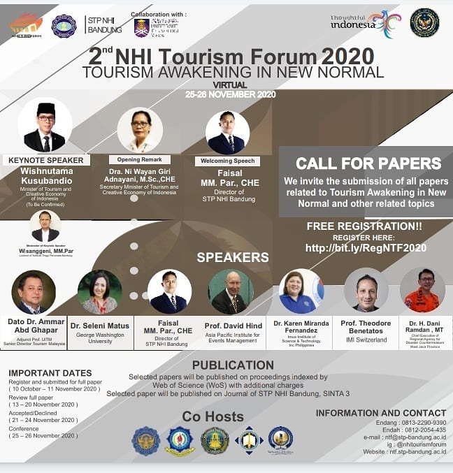 tyasuyono's tweet photo. CALL FOR PAPERS 
STP NHI Bandung 
This conference will be held virtually on 25-26 November 2020.
Registration link allowed to presenter and participants:
https://t.co/E6nJp8ueyZ
Contacts:
Email - ntf@stp-bandung.ac.id
Website - https://t.co/tMW8Ektqmc
Instagram - @nhitourismforum https://t.co/WB2ED49LIA