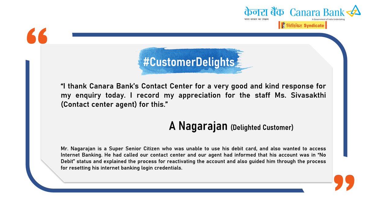 canarabank's tweet photo. One of our Super Senior Citizen Customers has very kind words for us. Here's what he has to say about his #Canara Experience.
#CustomerDelights #CanaraConnect #TogetherWeCan #CanaraBank https://t.co/zhgl9yralN