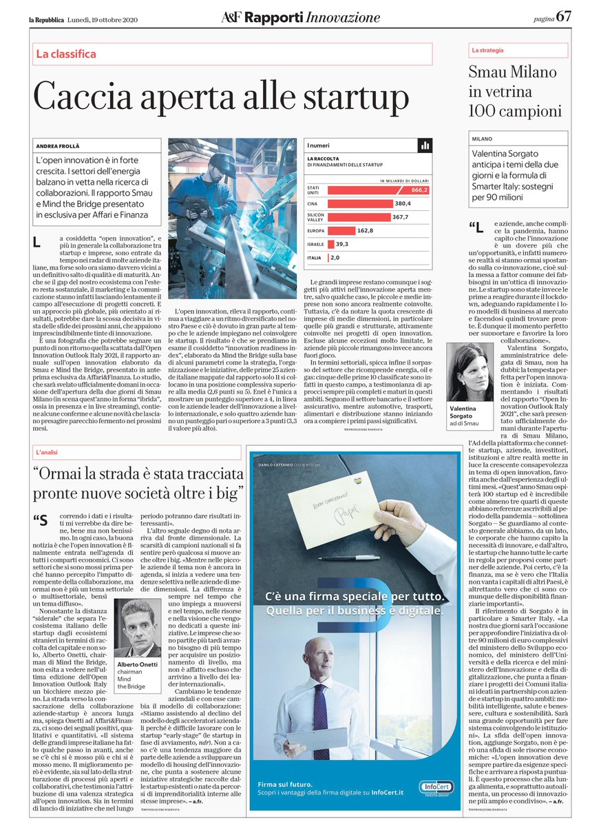 💯 Smau Milano 2020: in vetrina 100 campioni di #innovazione!
🕵️‍♀️ Caccia aperta alle startup
🎯 L'#openinnovation è forte crescita

Questi alcuni aspetti essenziali del rapporto firmato #Smau e <a href="/MindTheBridge/">Mind The Bridge</a> presentato in esclusiva per <a href="/rep_economia/">Repubblica A&F</a>