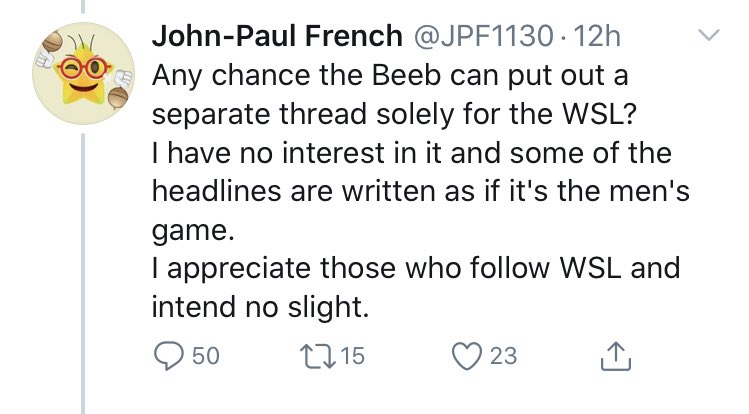 Any chance @BBCSport can create a separate page for misogynistic men’s football fans? I have no interest in reading their 18th century comments or talking as if men’s football is the only version of the sport. I appreciate those who can’t accept equality, but I have 0 time for it