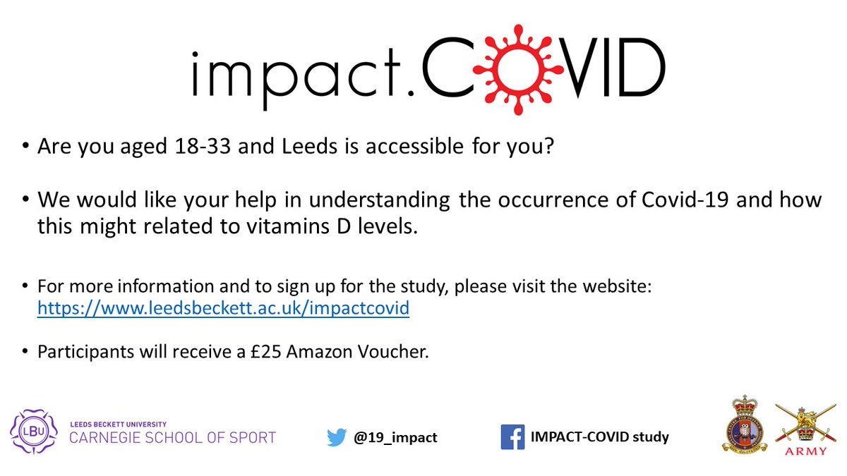 19_impact's tweet photo. We still need your help with this important research!

A great opportunity to track your COVID-19 status over a 16 week period.

Only requires two face-to-face visits @Carnegie_Sport, each less than 30 minutes and you will get a £25 voucher for your time.

Please RT https://t.co/zA1gUbxx71
