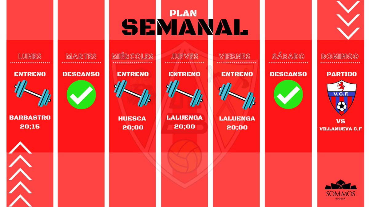 📆 | ¡ARRANCA UNA NUEVA SEMANA! 🆕

⚽️ El equipo tendrá:

4️⃣ Sesiones 🏋🏼
2️⃣ Días de descanso 😴
1️⃣ Partido 🆚 <a href="/villanuevaclubf/">Villanueva CF</a> 

#SOMMOSUnion 🔴⚪️