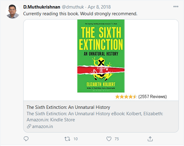 18. The Sixth Extinction: An Unnatural History https://amzn.to/3o6lGur 