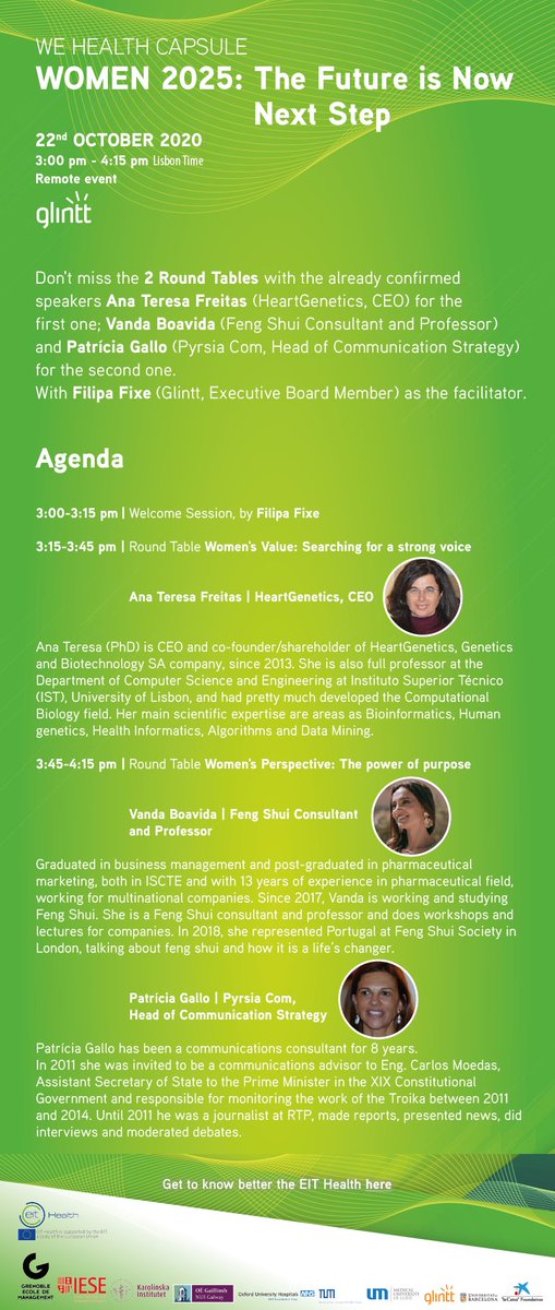 Registration for the approaching #WEHealth capsule "Women 2025: The future is now Next Step" is still open!

📝Registration:
cutt.ly/Dgax9fD

🗓️Date:
22nd of october

🕒Time:
3pm to 4.15pm Lissbon time

🗺️Location:
Remote

<a href="/Glintt_SA/">Glintt</a> 

#womenempowerment