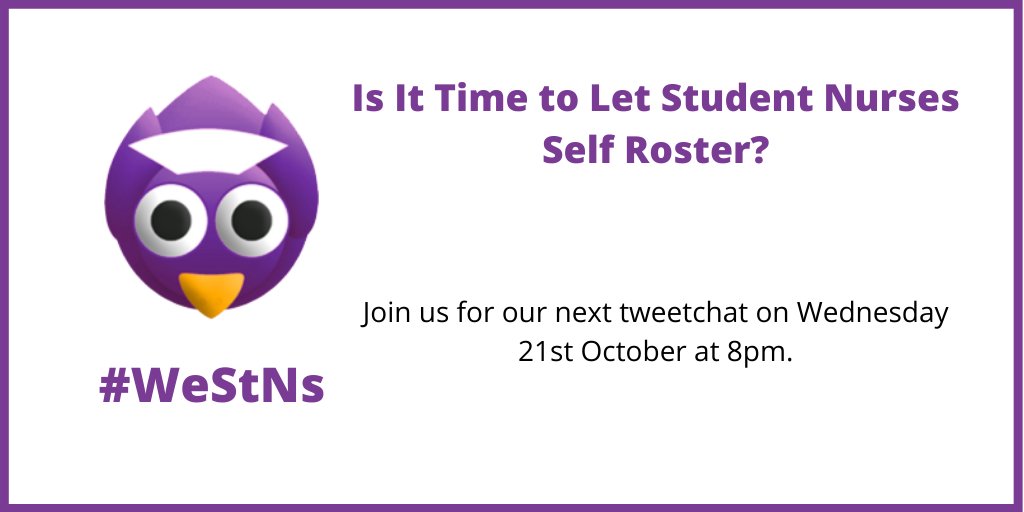 WeStudentNurse's tweet photo. Join us for our next tweetchat tomorrow night at 8pm about student nurses self rostering.
If you've never attended a tweetchat before, don't worry, just logon to twitter and we'll take you through it! @UNISONStudentNN @RCNStudents #WeStNs https://t.co/lGCs6P2Wyk