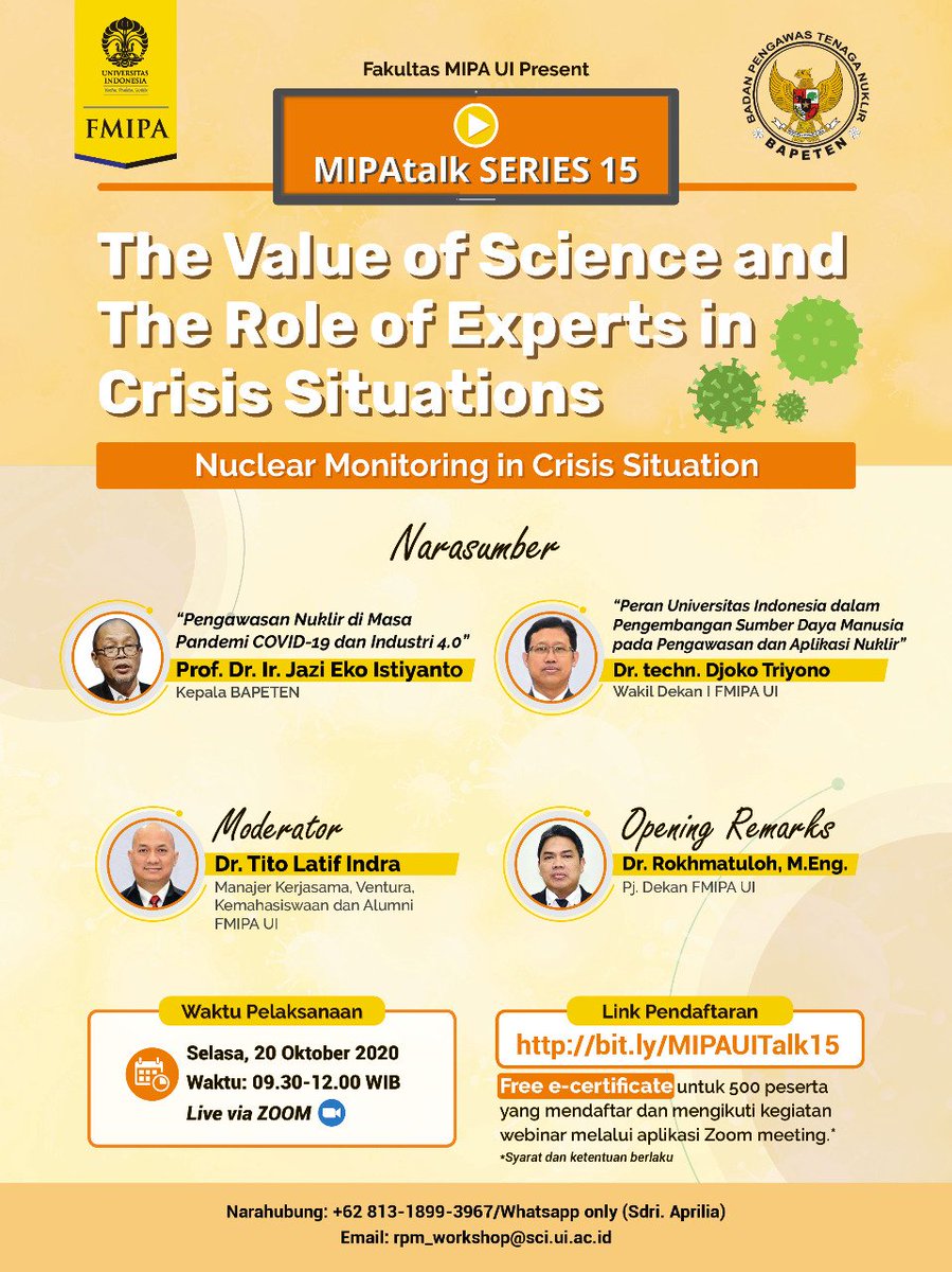 bapetenRI's tweet image. Hai Manten!
Mau tau gimana pengawasan nuklir di masa pandemi Covid-19 dan industri 4.0?

Jawabannya ada di MIPAtalk SERIES 15 &quot;The Value of Science and The Role of Experts in Crisis Situations&quot;, yang digelar pada Selasa 20 Oktober 2020, pukul 09.30 - 12.00 WIB.

#BAPETEN
#FMIPAUI