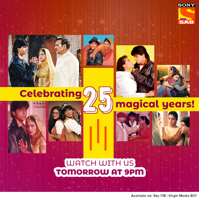 SonyTVUK's tweet photo. Raj and Simran; the most admired Jodi in Indian cinema celebrate 25 years of their love in #DDLJ on #SonySABUK.
Join us tomorrow at 9pm only on #SonySabUK
#Bollywood #DDLJ #SRK #Kajol #RajandSimran #ShahRukhKhan #DilwaleDulhaniaLeJayenge https://t.co/4B2tyZRWtn