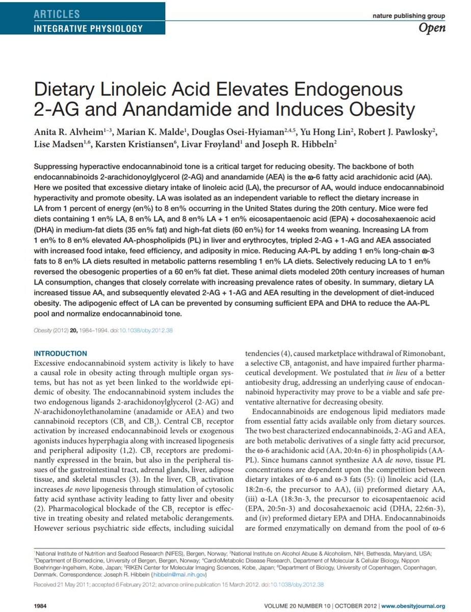 This mouse study is used as evidence that seed oils (linoleic acid) causes obesity. It uses very well controlled diets. Mice eating 1% linoleic acid gained less fat than those eating 8%.But I found the results a bit odd so I thought I& #39;d look into it. https://pubmed.ncbi.nlm.nih.gov/22334255/...