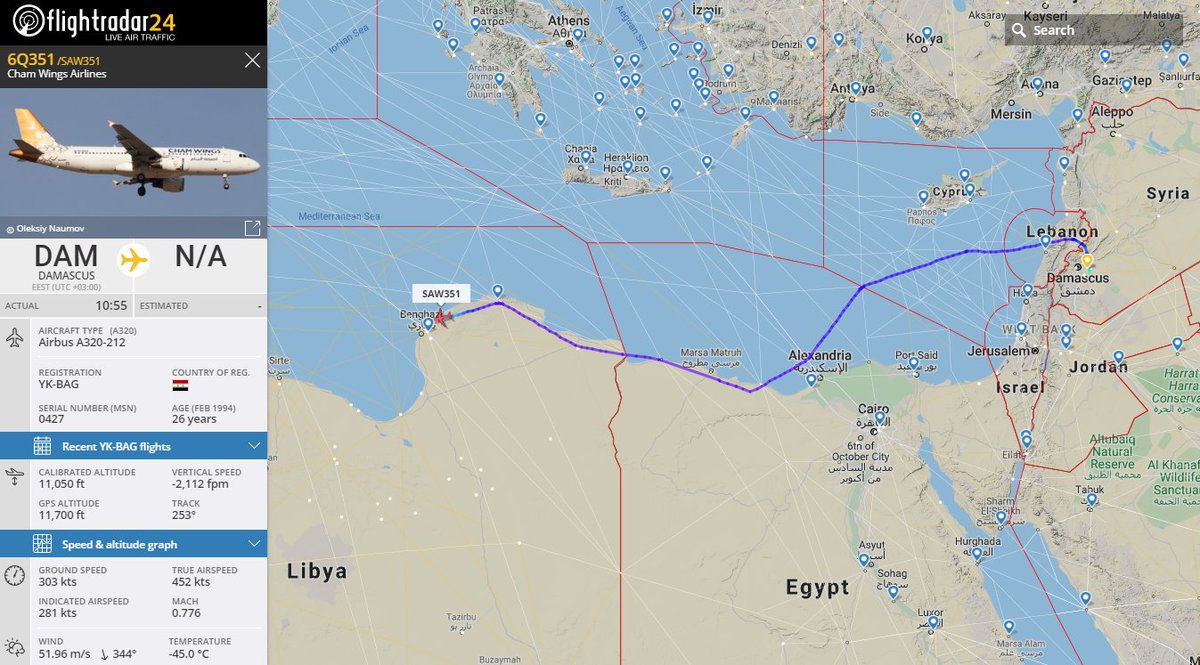 Gerjon_'s tweet photo. Cham Wings Airlines YK-BAG #SAW351 is indeed now descending for 🇱🇾#Benghazi, #Libya after departing 🇸🇾#Damascus, #Syria. https://t.co/qGv1jEIgBO