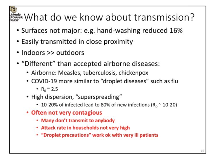 [Thread] Will  #Level5 work? Contacts between people are not all high-risk, & research says that most people with  #COVID19 only transmit to 1 other person or fewer.. ‘It’s often not very contagious’ 1/ [  @jljcolorado  http://cires1.colorado.edu/jimenez/COVID/2020_10_15_Jimenez_Pres_ATECYR_SalutLaboral.pdf ]