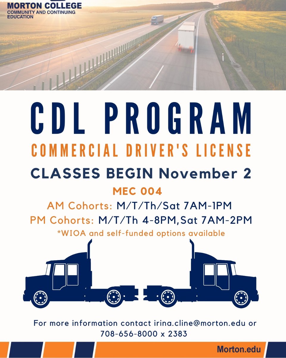 mortoncollege's tweet photo. Do you like traveling and working with your hands?! You should consider becoming a truck driver! It's a great and lucrative career. 

Classes begin November 2nd! 

#WeareMC #SomosMC #CDLProgram https://t.co/yePqGIsb0e