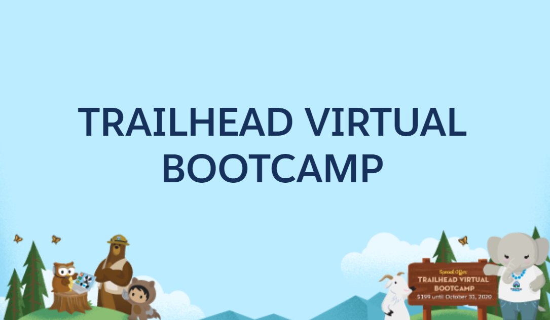 trailhead's tweet photo. ⏳Time is almost up! Trailhead Virtual Bootcamp offer ends October 31st.

Accelerate your path to Salesforce certification with for only $199. Register for any available classes by October 31st with promo code TVB199AMER2020-04 👉 https://t.co/MINdRhztU8 https://t.co/xMfjT1OXLm