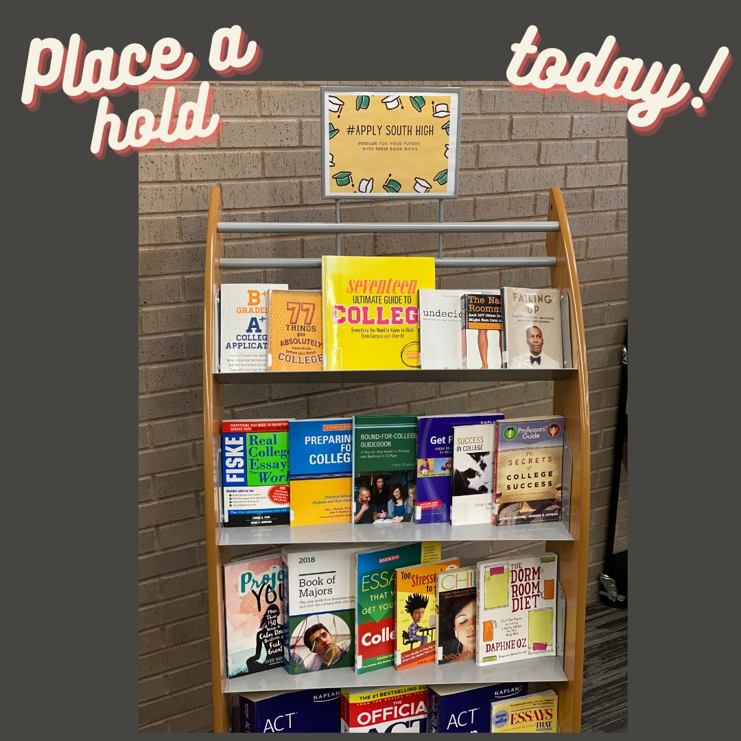 Your Salina South High library is ready for #ApplySouthHigh.  Are you? 

Check-out books to prepare you for life after high school today.  Put a hold today.  We deliver!  bit.ly/2FJCcPt

Find out more about #ApplyKS  💻 kansasregents.org/students/apply…