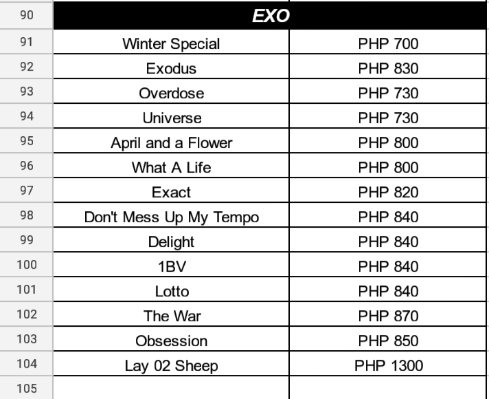 [ #DellePHGO]EXO Assorted Sealed AlbumsPrices are ALL IN + lsf Counted in Charts Sealed and OfficialDOO/DOP: Nov. 10NORMAL ETAORDER HERE: https://bit.ly/30X0Zas *Photo credits to the real owner*