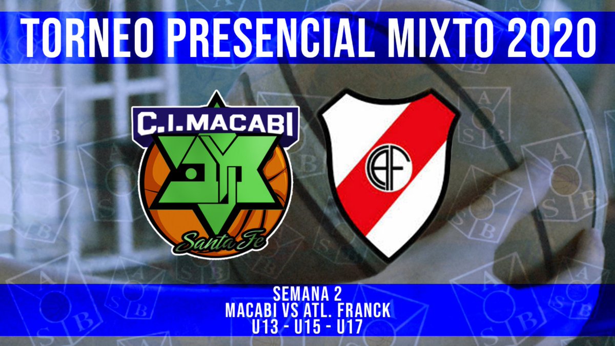 #TorneoPresencial2020 🏀
🥳 ¡Arranca la semana 2!
📌 Semana 2
🆚 <a href="/MacabiSantaFe/">Basquet Macabi StaFe</a> vs <a href="/caf_franck/">Club Atlético Franck</a>
⏰ 16hs - U13
⏰ 16.30hs - U15
⏰ 17hs - U17
🖥️ youtu.be/JzKGNaONWHM