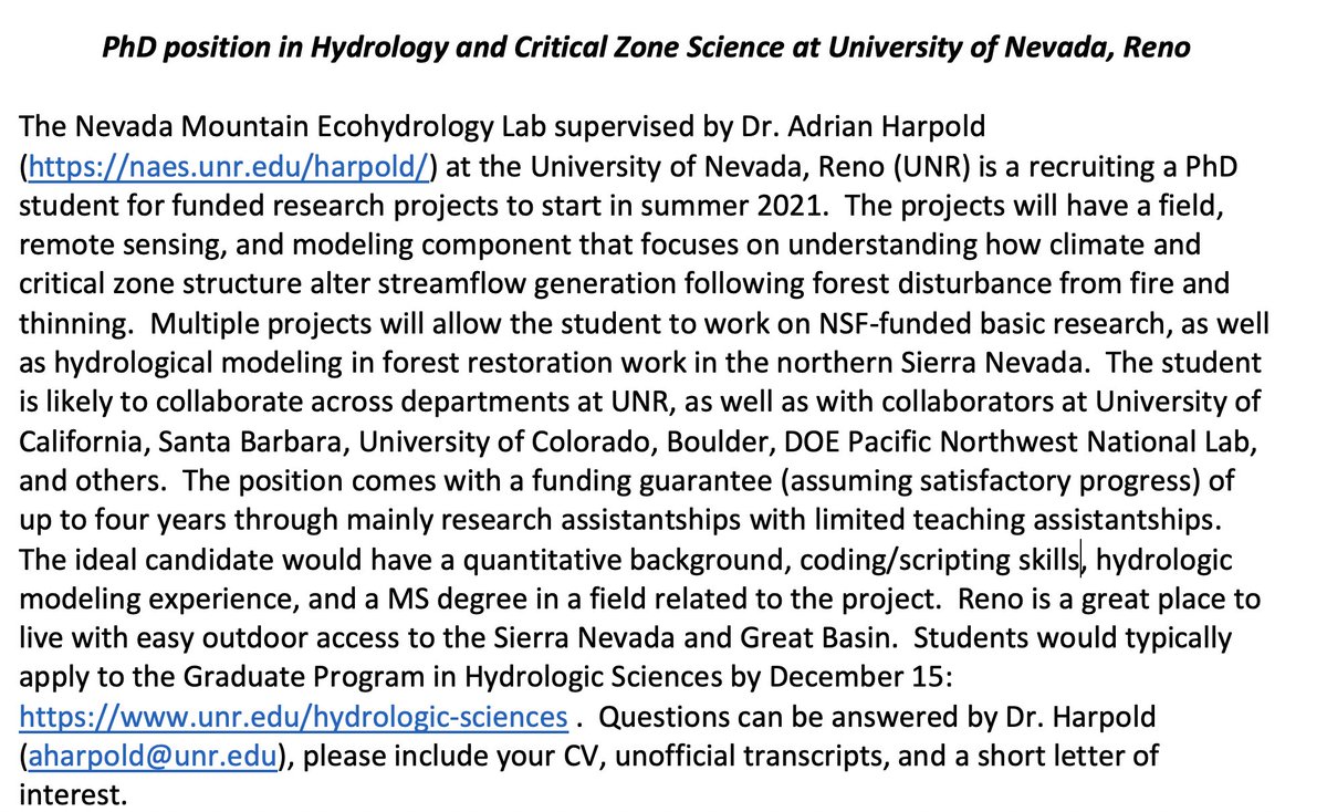 Working to get the word out: I will be recruiting a PhD student to start Summer 2021!   Projects related to streamflow generation, CZ science, and forest hydrology.  Thanks for the RTs and please send talented (particularly underserved/underrepresented) students my way!