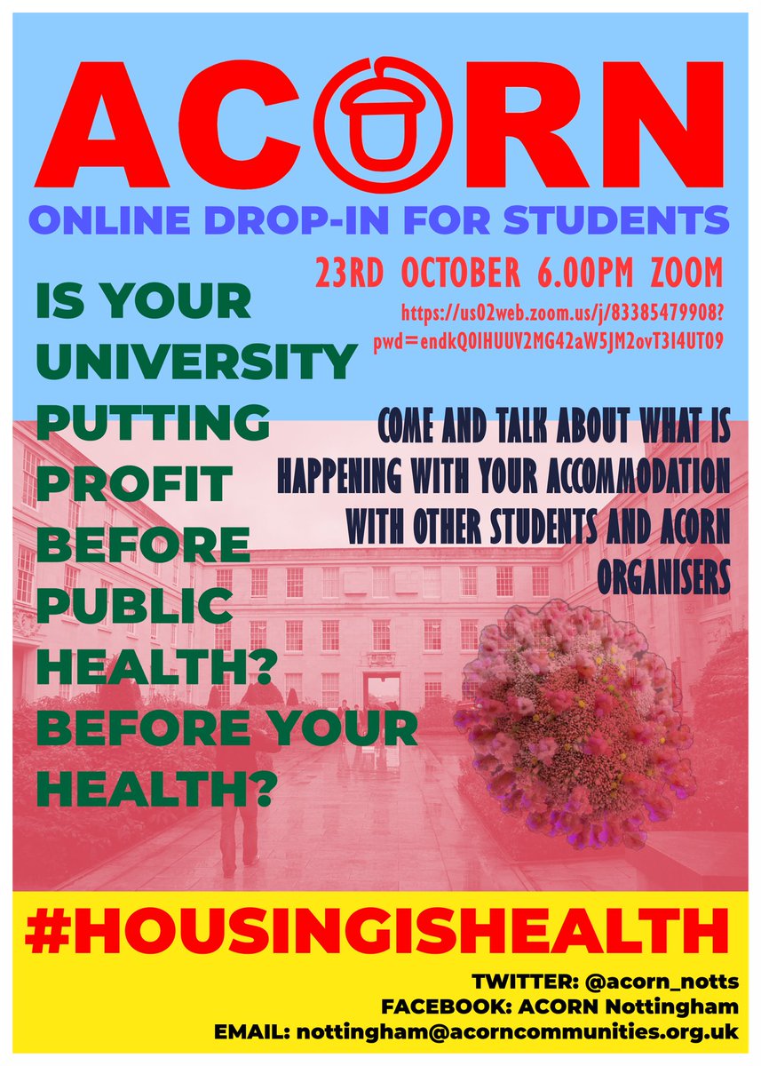 Are you a student living in Trent/UoN halls? Are you feeling let down by your universities?

Come to our online drop in session on the 23rd October to discuss your situation with other students and local ACORN organisers! 

#housingishealth