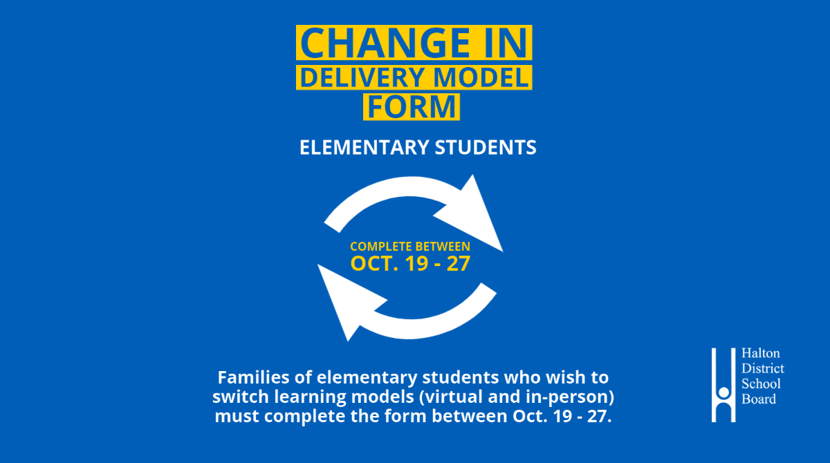 Families of #HDSB elementary students who would like to switch learning models (in-person/virtual) must complete the Change in Delivery Model Form by Tuesday, Oct. 27 at 4 p.m. 

Learn more by viewing the Oct. 19 update here: bit.ly/39JflP1
