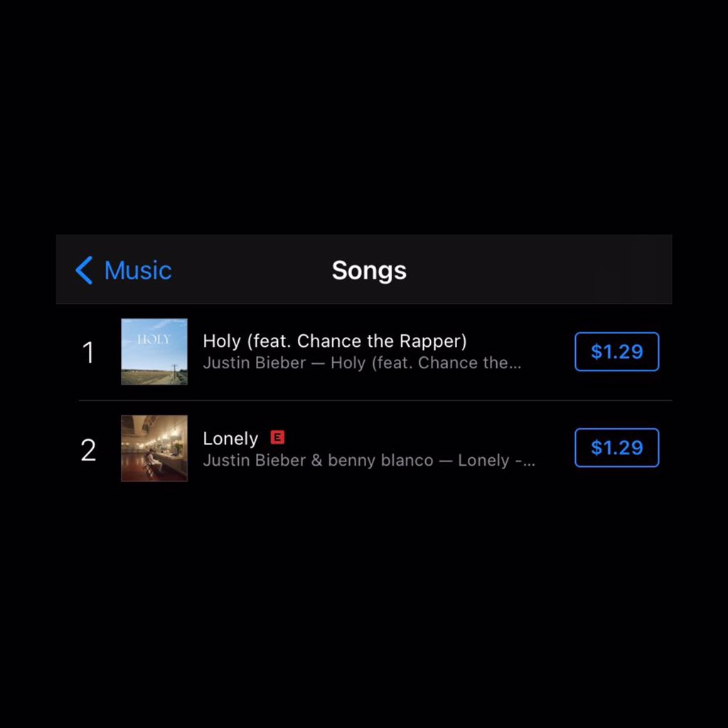 PATRรO! Justin Bieber estรก ocupando o #1 e #2 lugar no iTunes Estados Unidos com seus 2 รบltimos singles "Holy" e "Lonely". https://t.co/4SeBJvNdvN