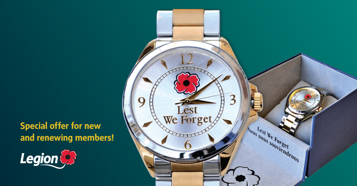 Make a commitment to Canada's Veterans! Prepay your Legion membership dues for 5 years before November 30, 2020 and receive a FREE Lest We Forget Watch, valued at $69.95. Learn more: legion.ca/support #SupportVeterans