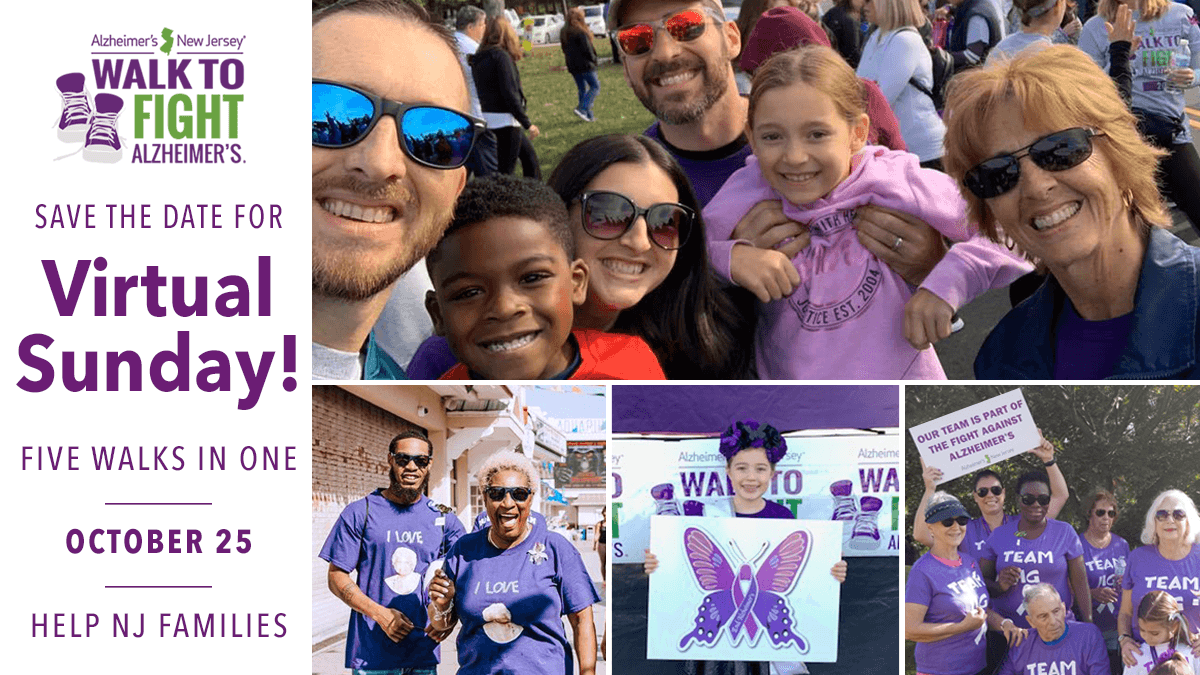 AlzheimerNJ's tweet photo. T-6 days 'til #VirtualSunday! 5 Walks in one from the comfort of home: https://t.co/0S2YUJIty6 ⭐ 

Sit back &amp; enjoy an online celebration of your achievements complete w/ the inspiration &amp; entertainment you've come to experience when we #WalkToFightALZ in person! #NJ #NewJersey https://t.co/IAXfArhPYS