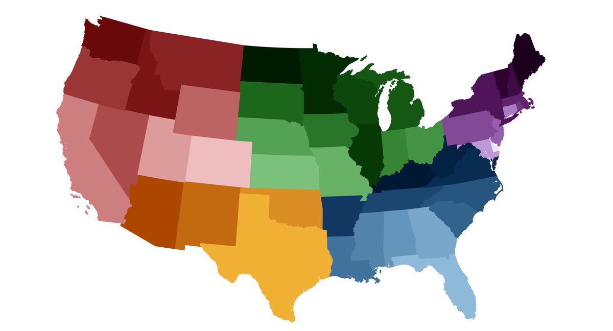 I start with a simple coloring to group states in the West (in red), the Southwest (in orange), the Midwest (in green), the Southeast (in blue) and the Northeast (in purple). Color ramp borrowed from  @andersonbrito_. 2/12