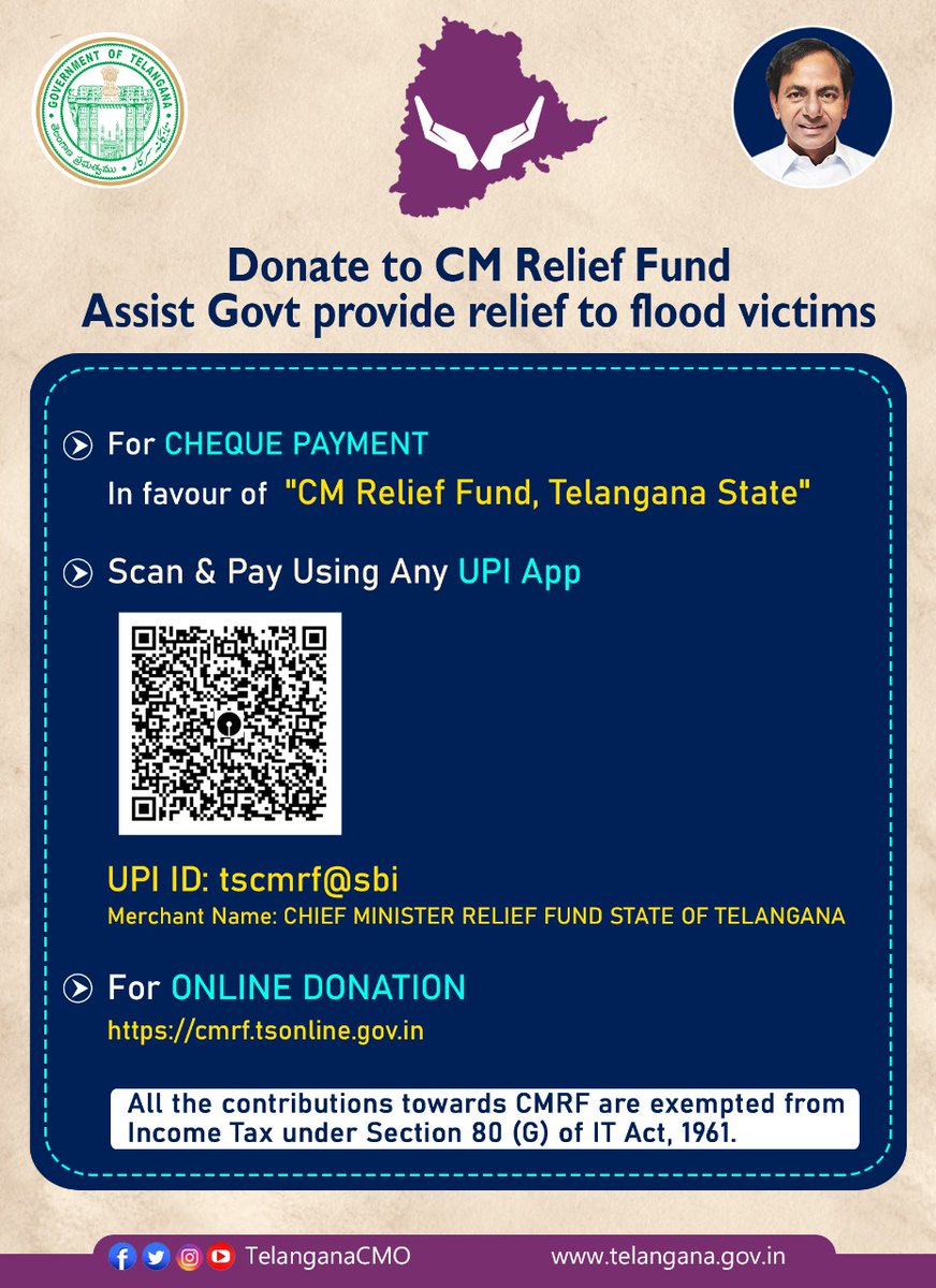 #HyderabadRains
Donate to Telangana CM Relief Fund and assist the state government to provide relief to flood victims in Hyderabad and surrounding areas. Use following QR Code or Link to donate. Thank you 🙏

cmrf.tsonline.gov.in