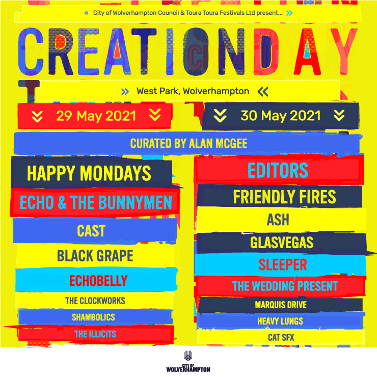 Presale // Creation Day Festival is coming to Wolverhampton in May 2021, featuring @happy_mondays, Echo & The @Bunnymen, @editorsofficial & more. Get presale tickets 10am Wednesday - 2 days early: https://t.co/BDR9L4z0gv https://t.co/PJNfVSlB7w
