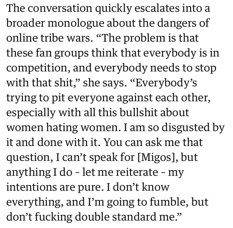 Katy suffered all their backlash & consequences while the Migos walked away free.she later apologized for this considering that she never did a background checkon one of the member’s problematic statements (transphobia)full interview:  https://www.theguardian.com/music/2017/jun/11/katy-perry-interview-witness-album-glastonbury
