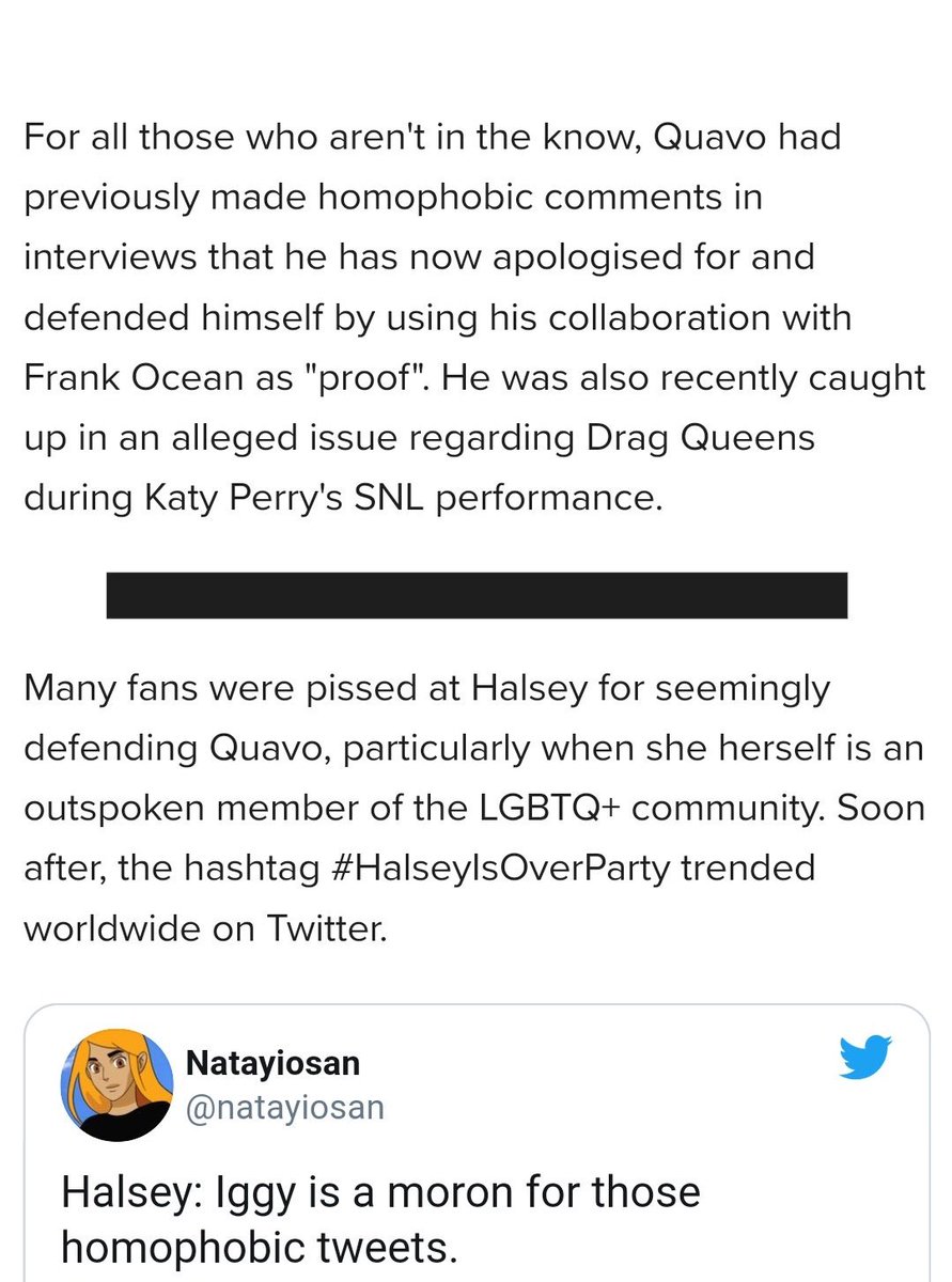 on the interview above, katy called out the media for only attacking female artists but not the male artists that have also collabed with the group.artists like Iggy Azalea were attacked for old tweets while giving a pass to Quavo