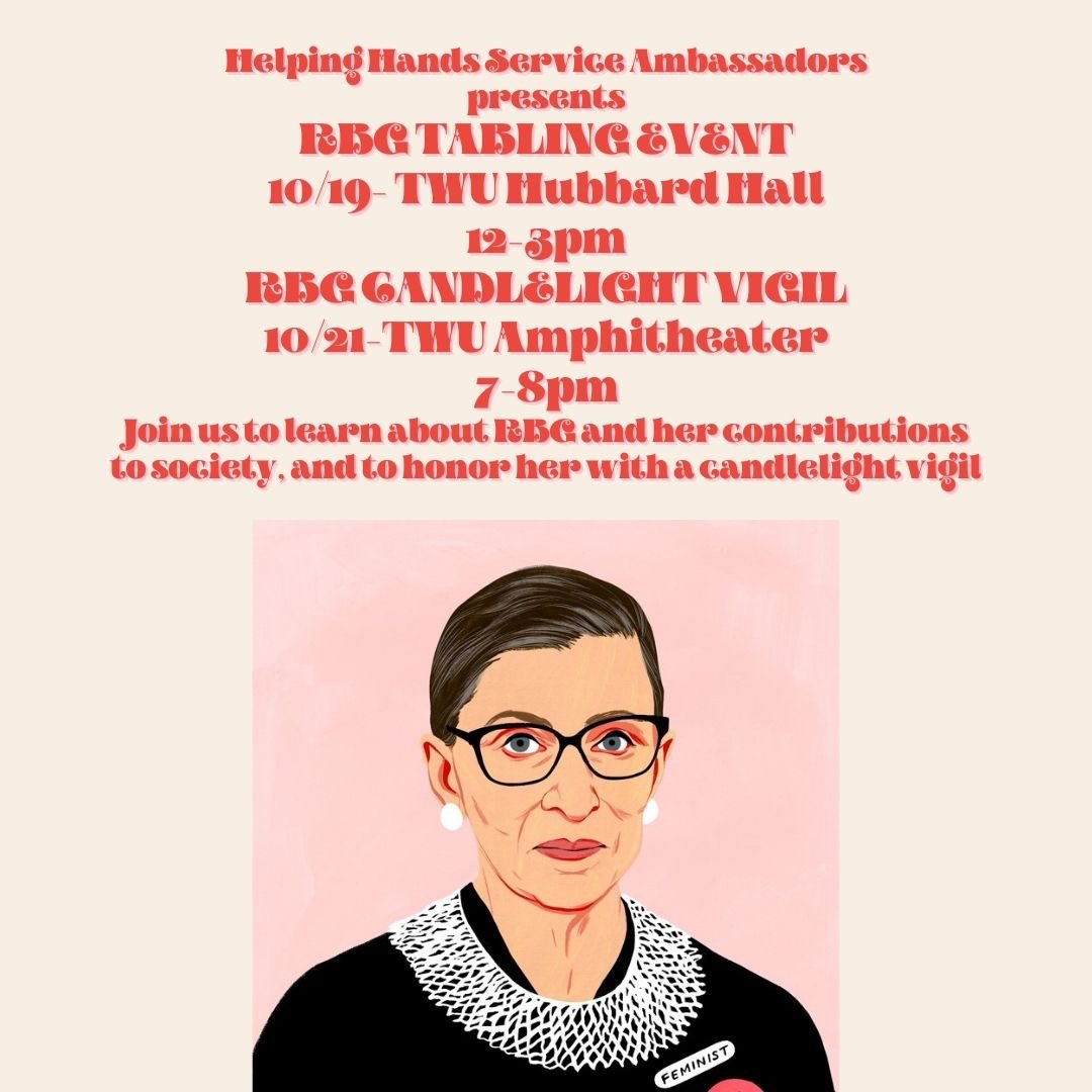 RBG Tabling Event is today from 12-3pm at Hubbard Hall. Come learn about RBG and her contributions to society! Volunteer opportunities available as well, so stop by if interested!