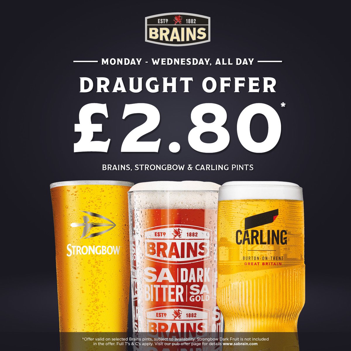 £2.80 selected pints!🍻 

Monday - Wednesday ALL DAY!

🍺🍺🍺🍺🍺

#brainsbest #swanseamarina #brains
