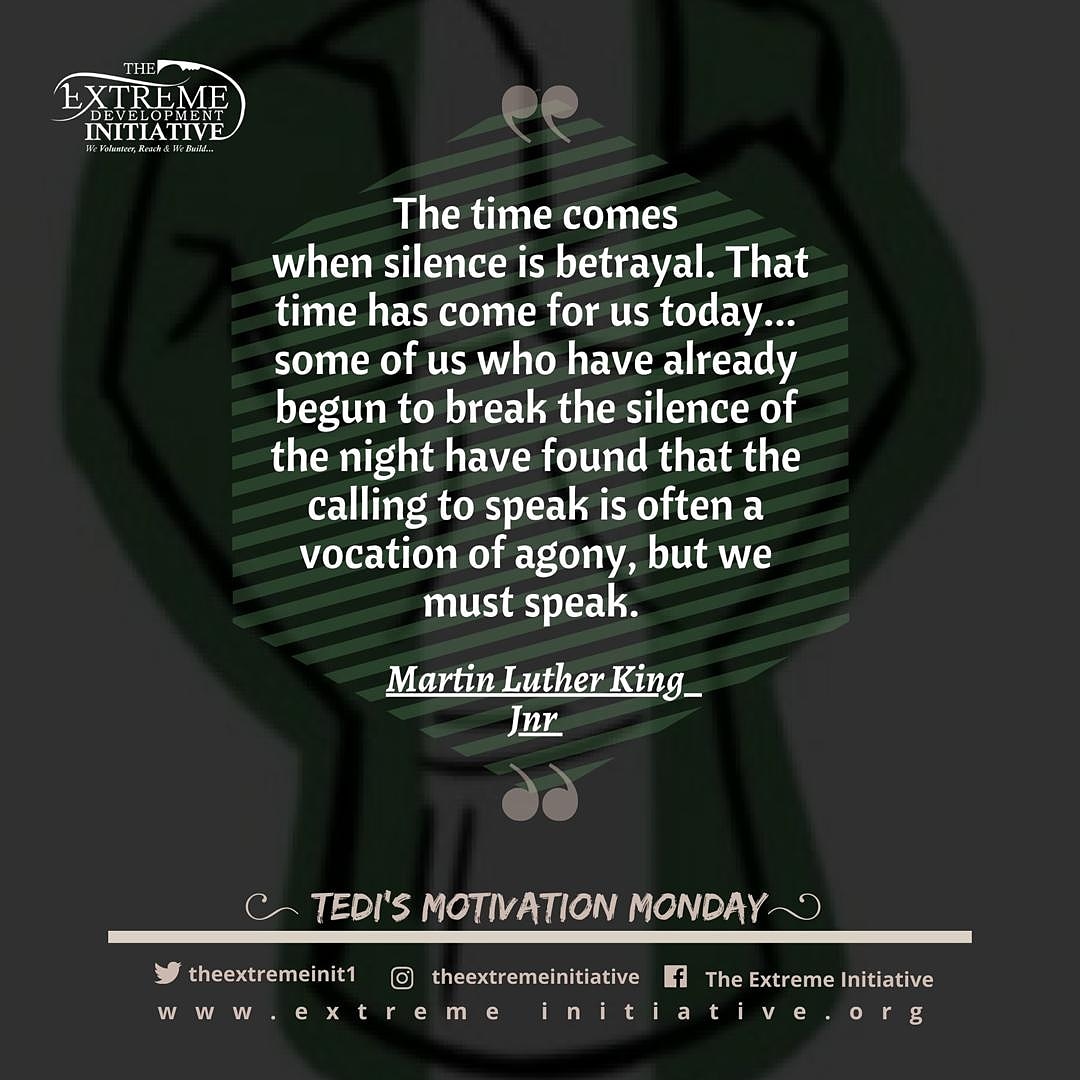 TheExtremeInit1's tweet photo. Happy Monday TEDITES!!!

MLK once said, 'the time comes when silence is betrayal.' If you have been following the protest hashtags, you will agree that they have been a lot of heart breaking SARS stories. We can no longer sit quiet and allow this menace roam free. We have a voice https://t.co/leYtEmAqCU
