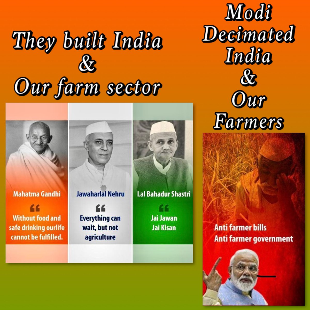 No pretty picture what #KisanVirodhiNarendraModi does. Destruction is his USP, be it the economy, social harmony, jobs or corporatising farming. He sets an illusion of greater goals but ultimately all he does, boils down to profiting the fat cats. Vote wisely in #BiharElections https://t.co/YKSmj6p0Sm