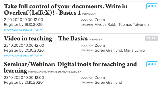 EdulabT's tweet photo. Short courses by EduLab in week 43:
- Take full control of your documents. Write in Overleaf (LaTeX)! - Basics 1 21.10 10.00-12.00 SIGN UP TODAY!
- Video in teaching – The Basics 22.10 10.00-12.00
- Seminar/Webinar: Digital tools for teaching and learning 23.10 10.00-12.00 https://t.co/HCNKp8ereS