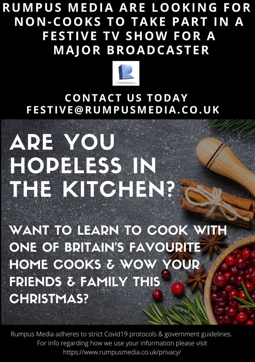 Rumpus Media are looking for non-cooks to take part in a fun new show with one of Britain's favourite home cooks! Get in touch now by emailing festive@rumpusmedia.co.uk 🎄

Please RT! <a href="/TVcastingcall/">TV Casting Calls</a> <a href="/JATVCasting/">Jack TV Casting</a> @CastingFlashTV @JevansTVCasting @KOBTVCasting <a href="/Faaye_TV/">Faaye Wheatley</a>