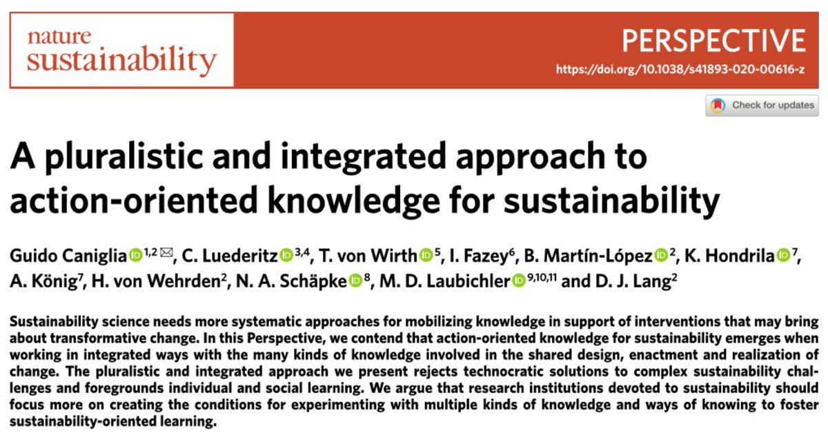 If #sustainability #science is to support #transformative #change, it needs to focus on the #actionoriented #knowledge that emerges when #researchers engage in #reallife projects & the related #experimentation & #colearning. 
Great article! Dive in deeper: nature.com/articles/s4189…