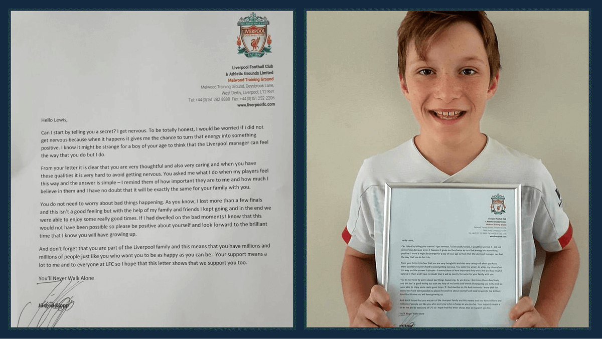 Last week I saw this letter Liverpool manager, Jürgen Klopp, wrote to a young schoolboy dealing with anxiety.It’s remarkably thoughtful. But it didn’t surprise me. Klopp's been making fans smile ever since he became a manager.THREAD...