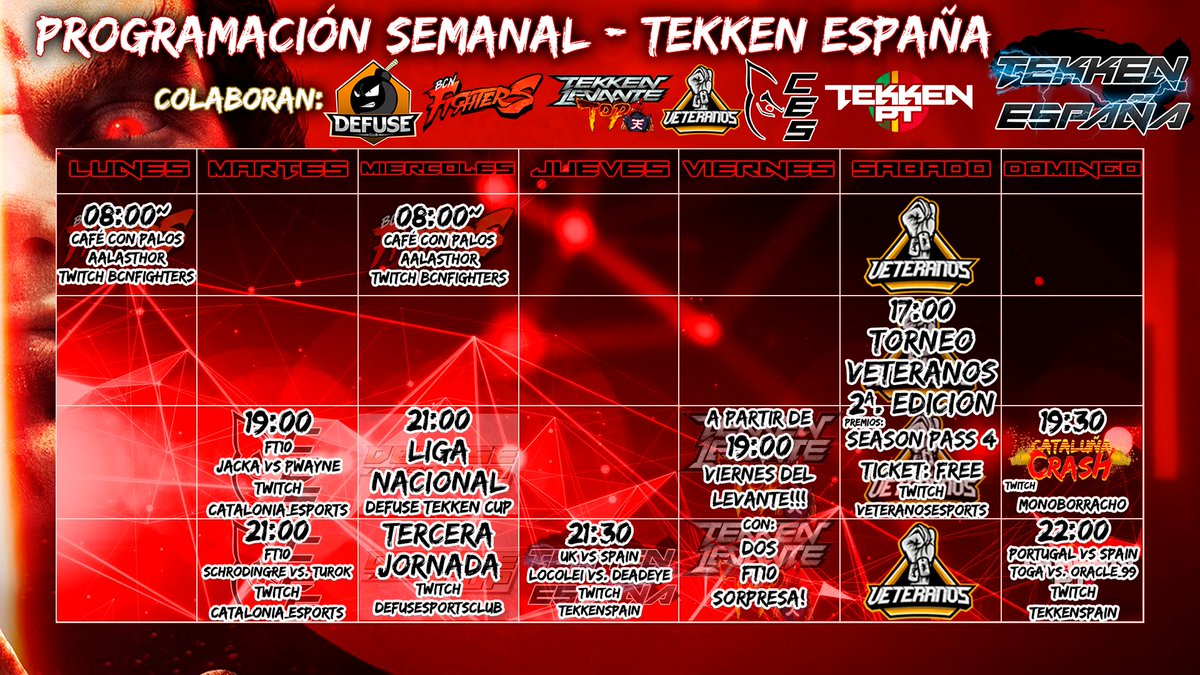 🌟Pues ya lo tenemos!🌟

Otra semana más en el mundo del Tekken.

Muchas gracias a todos los que colaboráis con nosotros y os recordamos eventos como la 🏆 Liga <a href="/DefuseClub/">Defuse Club</a> Cup o el Torneo de <a href="/VeteranosClub/">Veteranos eSports</a> con un sorteo de un Season Pass 4🎁

Además de los eventos contra 🇬🇧 y 🇵🇹