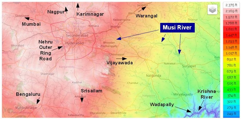 2/14This map shows the topography of Hyderabad's surroundings. It also traces the Musi River from the 1500-2000 ft ASL elevation of Hyderabad to 200-250 ft at its confluence with the Krishna at Wadapally on the Telangana - AP border. .(Ref:  https://en-gb.topographic-map.com/maps/lppp/Hyderabad/)