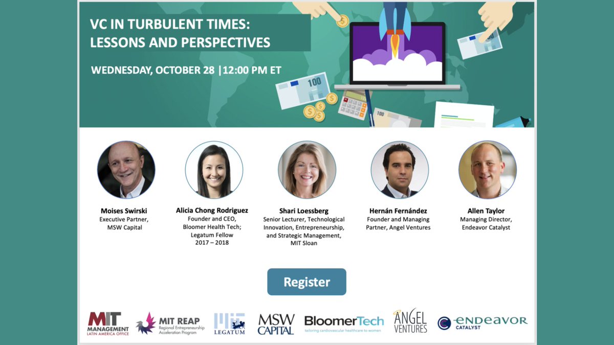 MIT_REAP's tweet photo. Join us on Oct. 28 @ 12 pm ET for "#VC in Turbulent Times: Lessons &amp; Perspectives," a webinar with 
@MITSloan's @sloess, MSW Capital, @bloomertech, 
@Angel_Ventures &amp; @endeavor_global. Register at https://t.co/fJnr1d3Kgg https://t.co/Vdy7MYn1I4