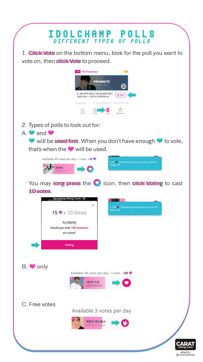 [IDOL CHAMP 2]How to earn TIME and RUBY chamsimsDifferent type of polls in ICHow to vote (Note: Some polls might require more chamsims. It will also be written on the poll on how many times you can vote within the day) @pledis_17  #SEVENTEEN  